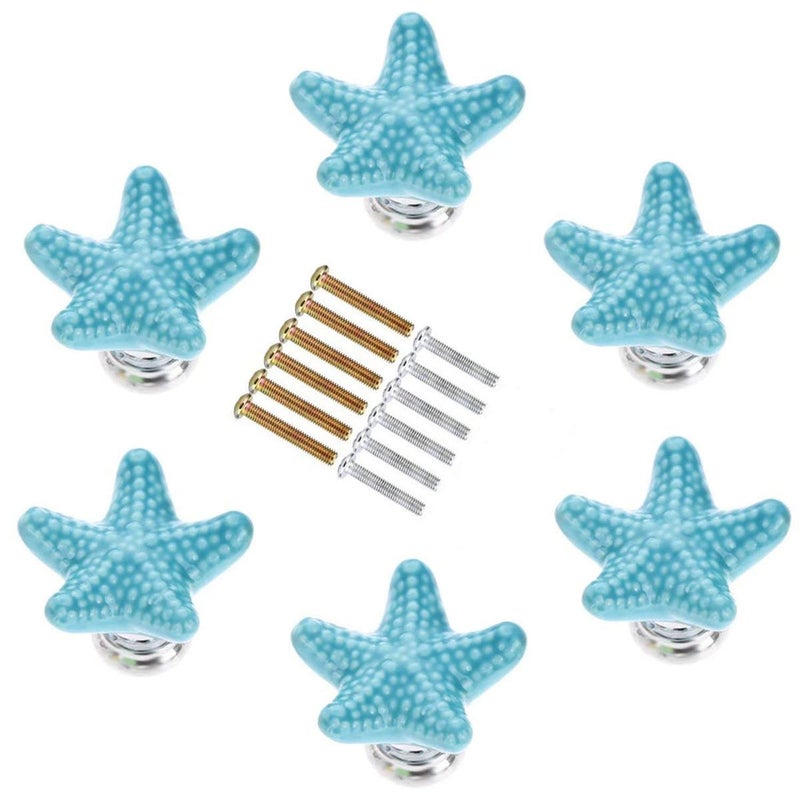 Joyindecor Ceramic Nautical Starfish Drawer Pulls Handles for Seaside Cottage Coastal Dresser Cupboard Wardrobe Cabinets Kitchen, Beach/Ocean Theme Cabinet Knobs, Pack of 6 (Blue) - Image 1